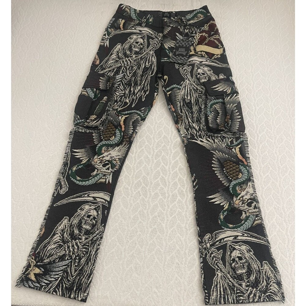 NWT Rebel Vengeance Grim ReaperTapestry Cargo Black Men's Pants Size 28x32
